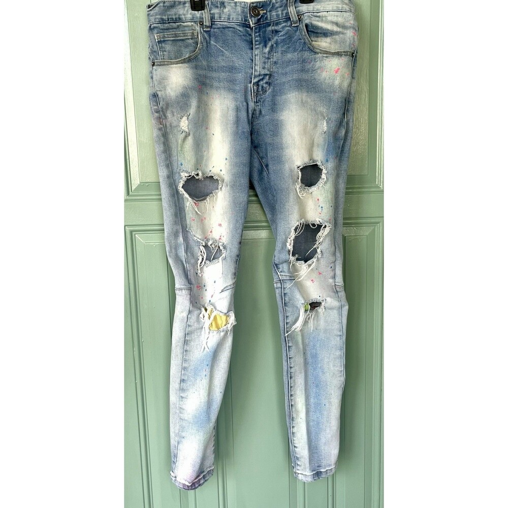 Kloud 9 Jeans Men 32X32 Blue Denim Straight Leg Destroyed Stretch Paint Splatter